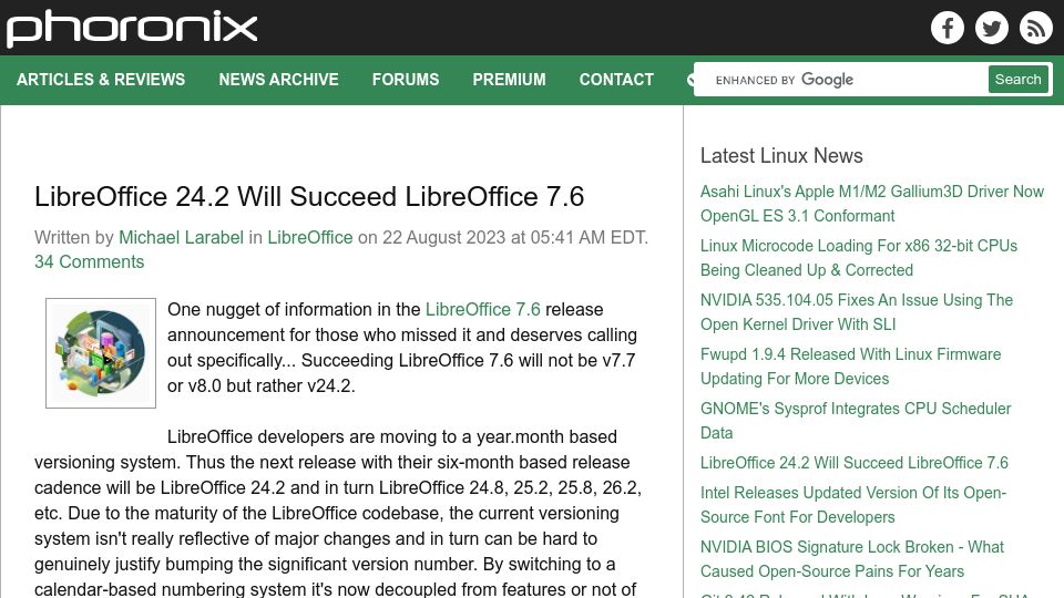 Screenshot of phoronix.com: LibreOffice 24.2 Will Succeed LibreOffice 7.6