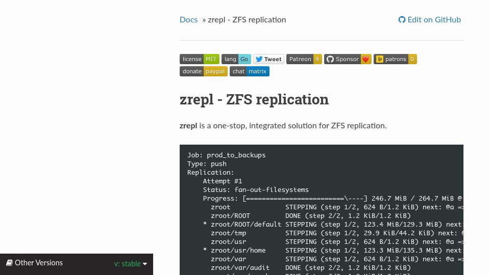 Screenshot of zrepl.github.io: Zrepl – ZFS replication