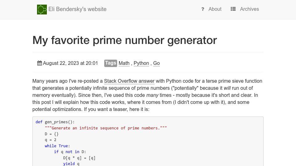 Screenshot of eli.thegreenplace.net: My favorite prime number generator