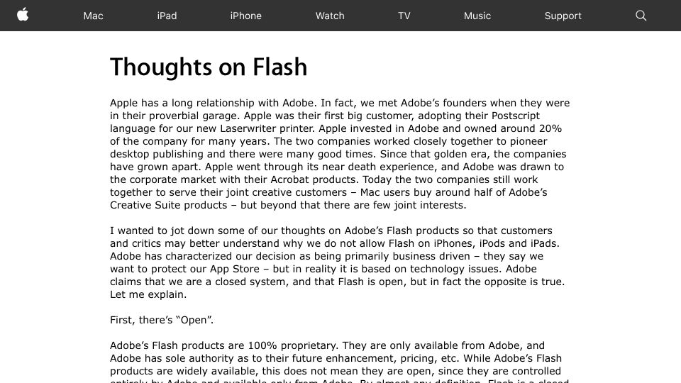 Screenshot of web.archive.org: Thoughts on Flash (2010)