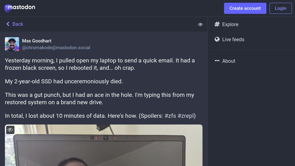 Screenshot of mastodon.social: I only lost 10 minutes of data, thanks to ZFS