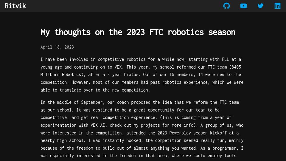 Screenshot of ritvikg.dev: My thoughts on the 2023 FTC robotics season