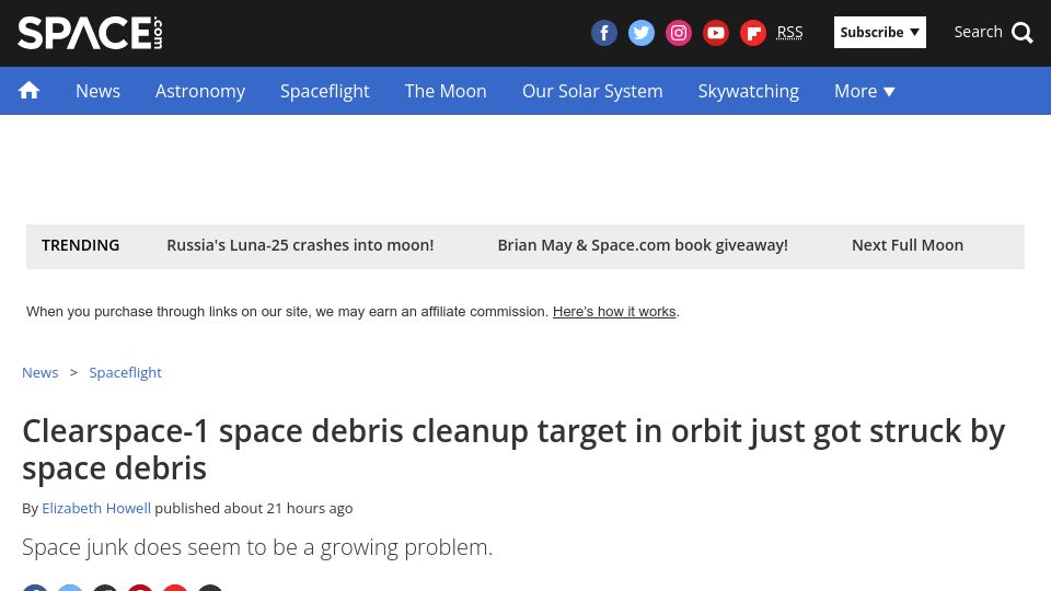 Screenshot of space.com: Clearspace-1 space debris cleanup target struck by space debris