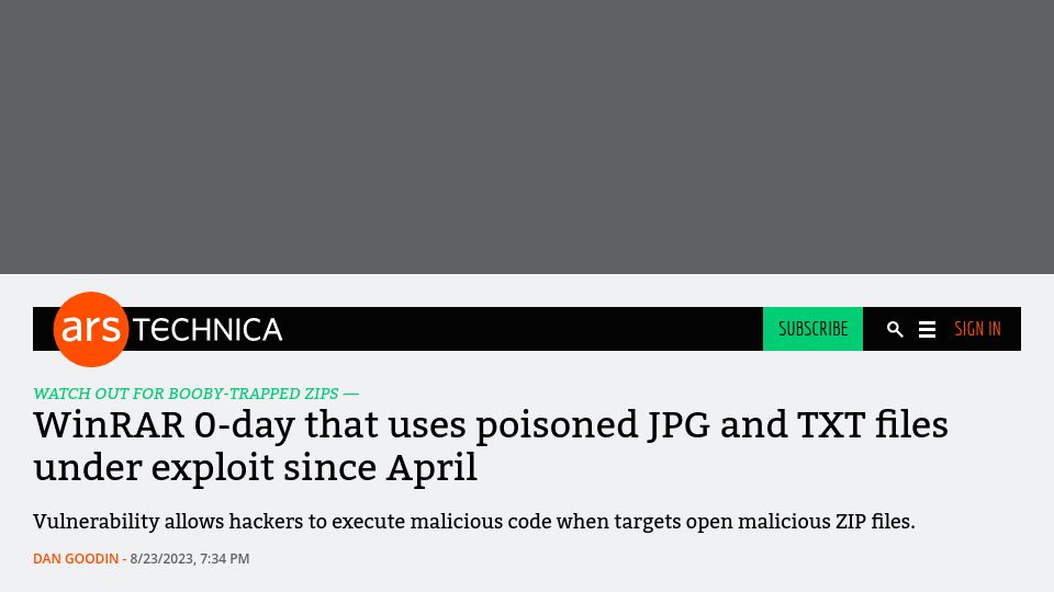 Screenshot of arstechnica.com: WinRAR 0-day that uses poisoned JPG and TXT files under exploit since April