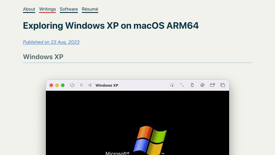 Screenshot of milen.me: Exploring Windows XP on macOS ARM64