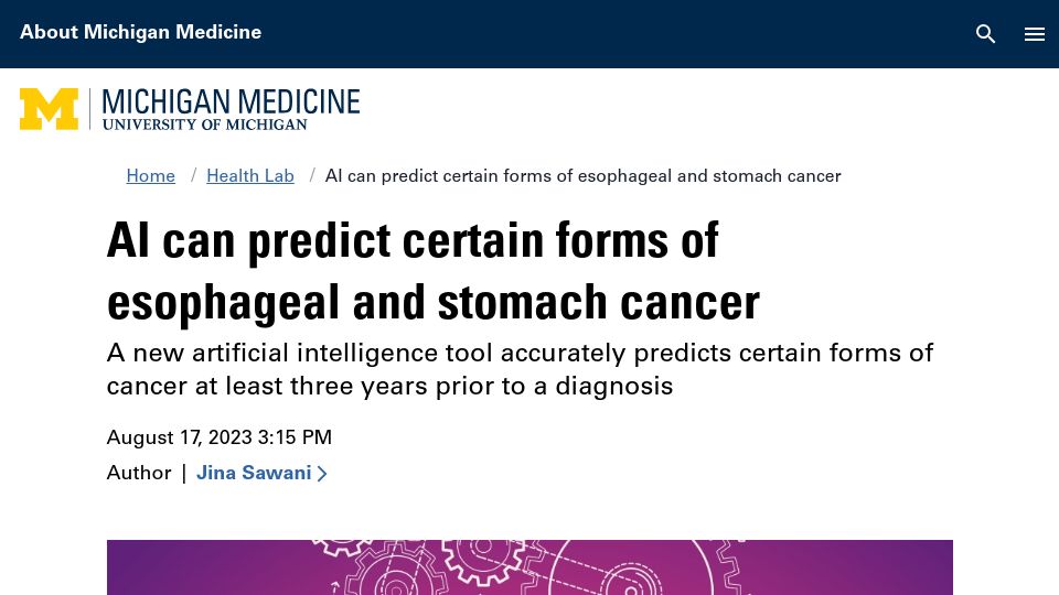 Screenshot of michiganmedicine.org: AI predicts certain esophageal and stomach cancers three years before diagnosis