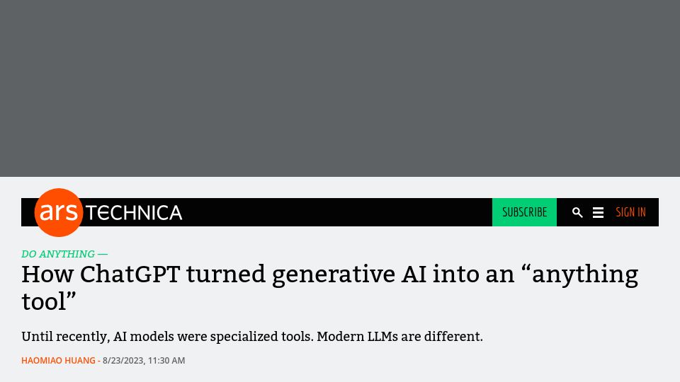Screenshot of arstechnica.com: ChatGPT turned generative AI into an “anything tool”
