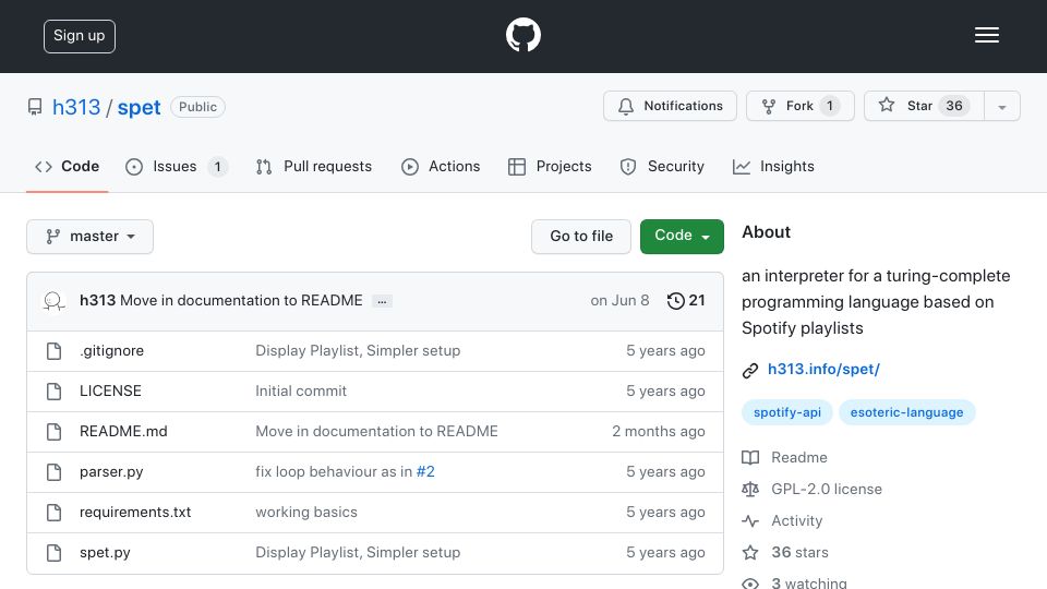 Screenshot of github.com: An interpreter for a programming language based on Spotify playlists