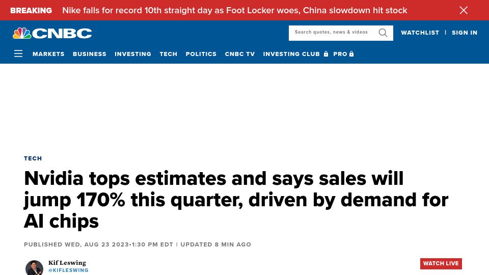 Screenshot of cnbc.com: Nvidia reports 88% jump in revenue and tops estimates
