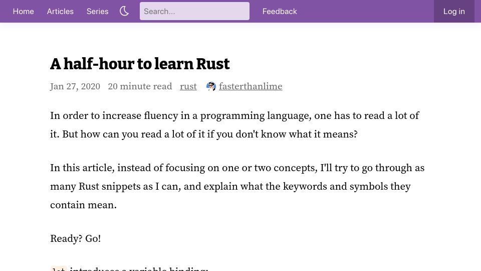 Screenshot of fasterthanli.me: A half-hour to learn Rust (2020)