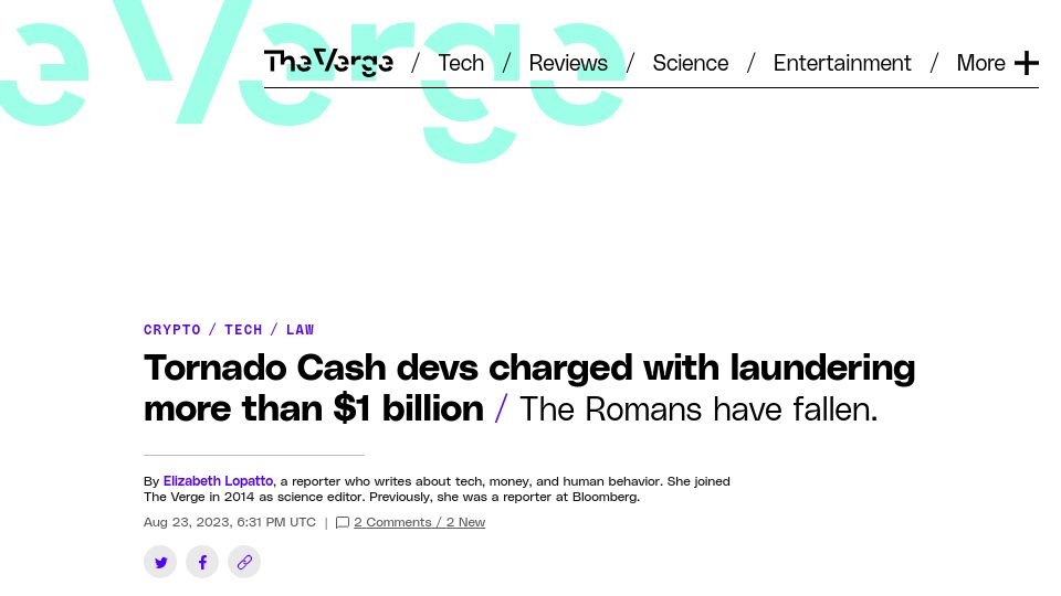 Screenshot of theverge.com: Tornado Cash devs charged with laundering more than $1B