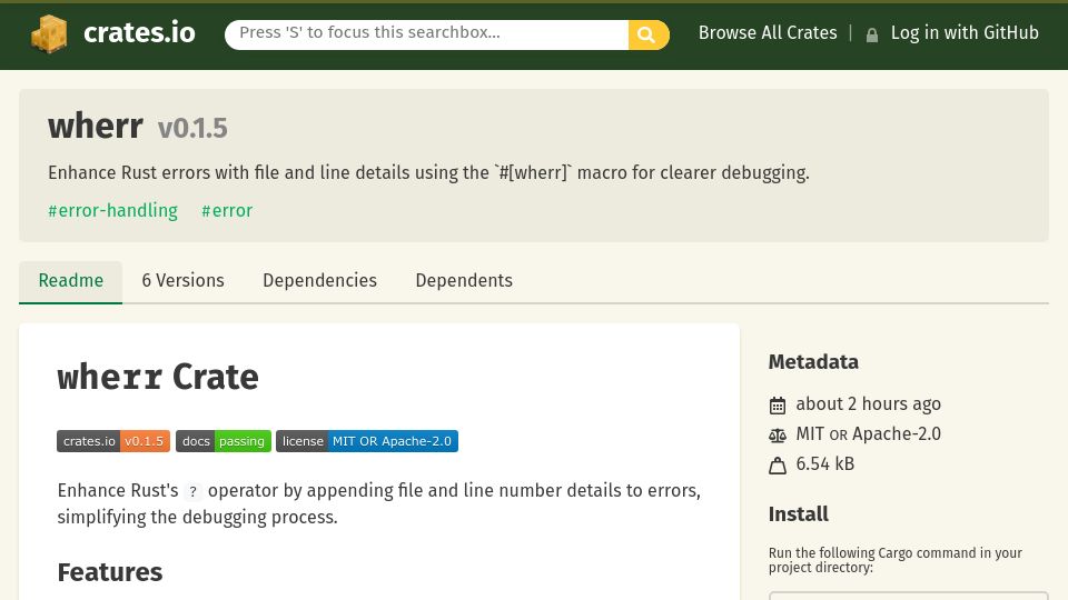 Screenshot of crates.io: Enhance Rust errors with file and line details