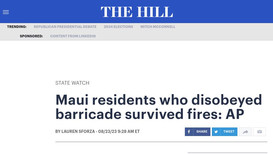 Screenshot of thehill.com: Maui residents who disobeyed barricades survived fires