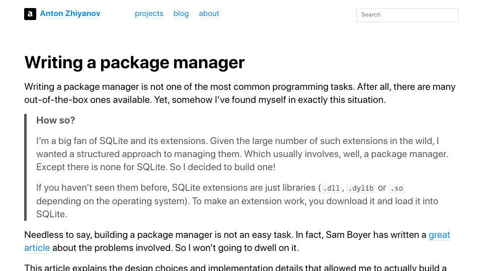 Screenshot of antonz.org: Writing a Package Manager