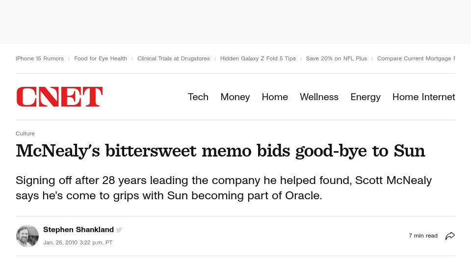 Screenshot of cnet.com: McNealy's bittersweet memo bids good-bye to Sun (2010)