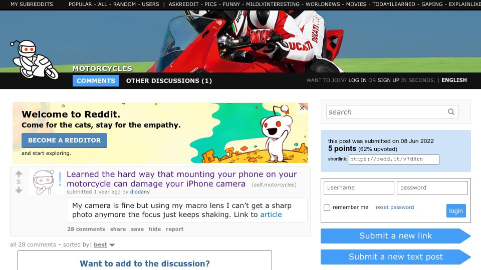 Screenshot of old.reddit.com: Mounting your iPhone on your motorcycle can damage its camera (2022)