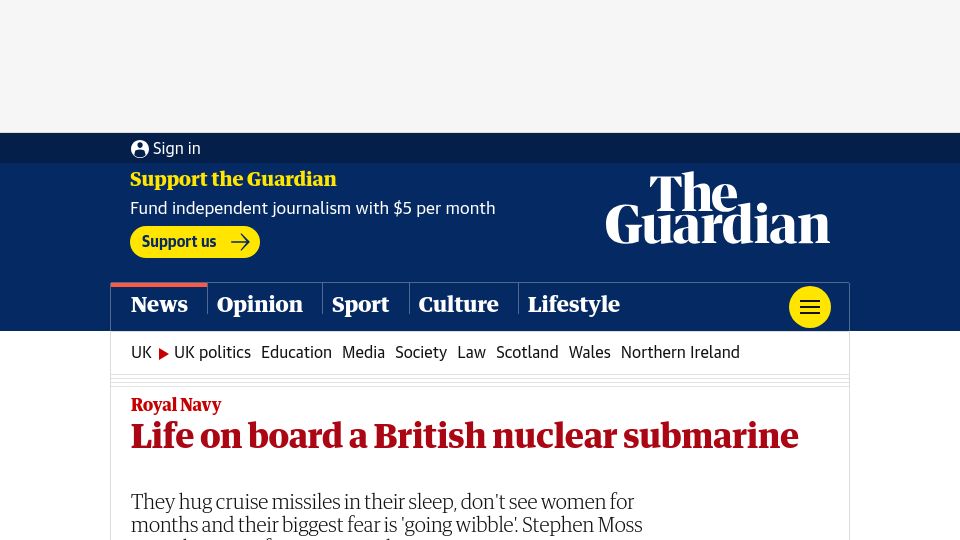Screenshot of theguardian.com: Life on board a British nuclear submarine (2012)