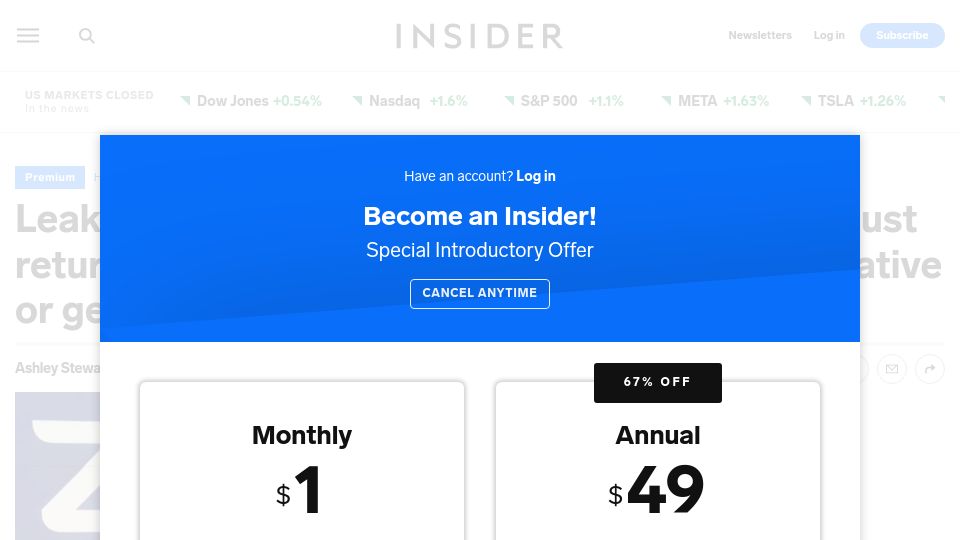 Screenshot of businessinsider.com: Zoom CEO says employees can't be as innovative or get to know each other on Zoom