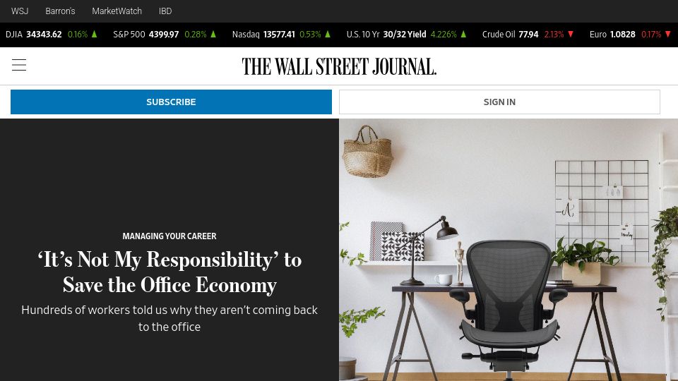 Screenshot of wsj.com: ‘It’s Not My Responsibility’ to Save the Office Economy