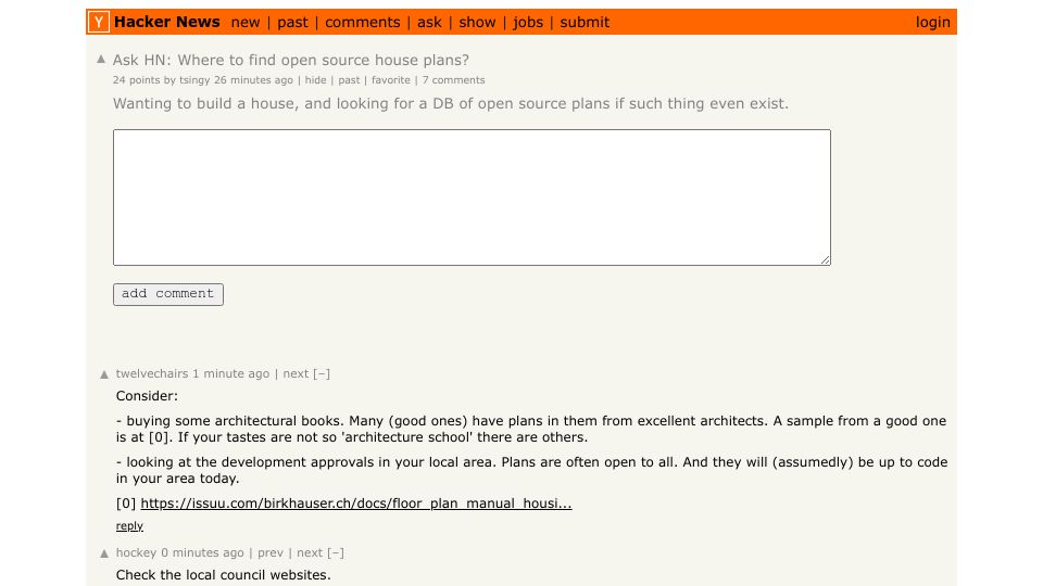 Screenshot of Hacker News post: Ask HN: Where to find open-source house plans?