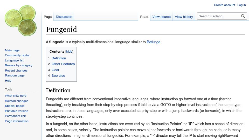 Screenshot of esolangs.org: A fungeoid is a typically multi-dimensional language similar to Befunge