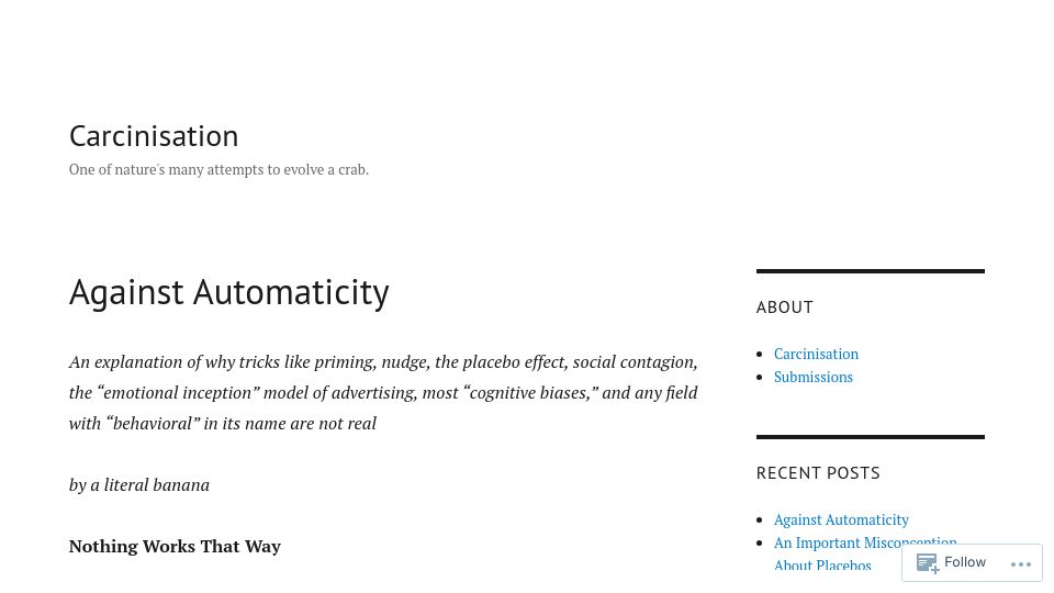 Screenshot of carcinisation.com: Against Automaticity