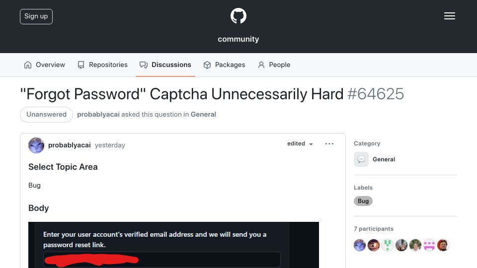 Screenshot of github.com: Ridiculous captcha at GitHub to reset your password