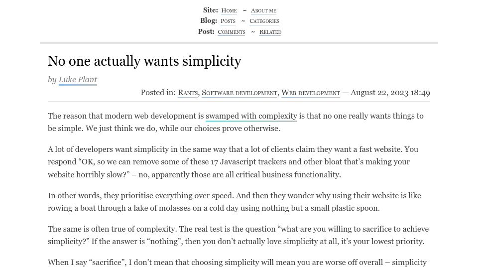 Screenshot of lukeplant.me.uk: No One Wants Simplicity