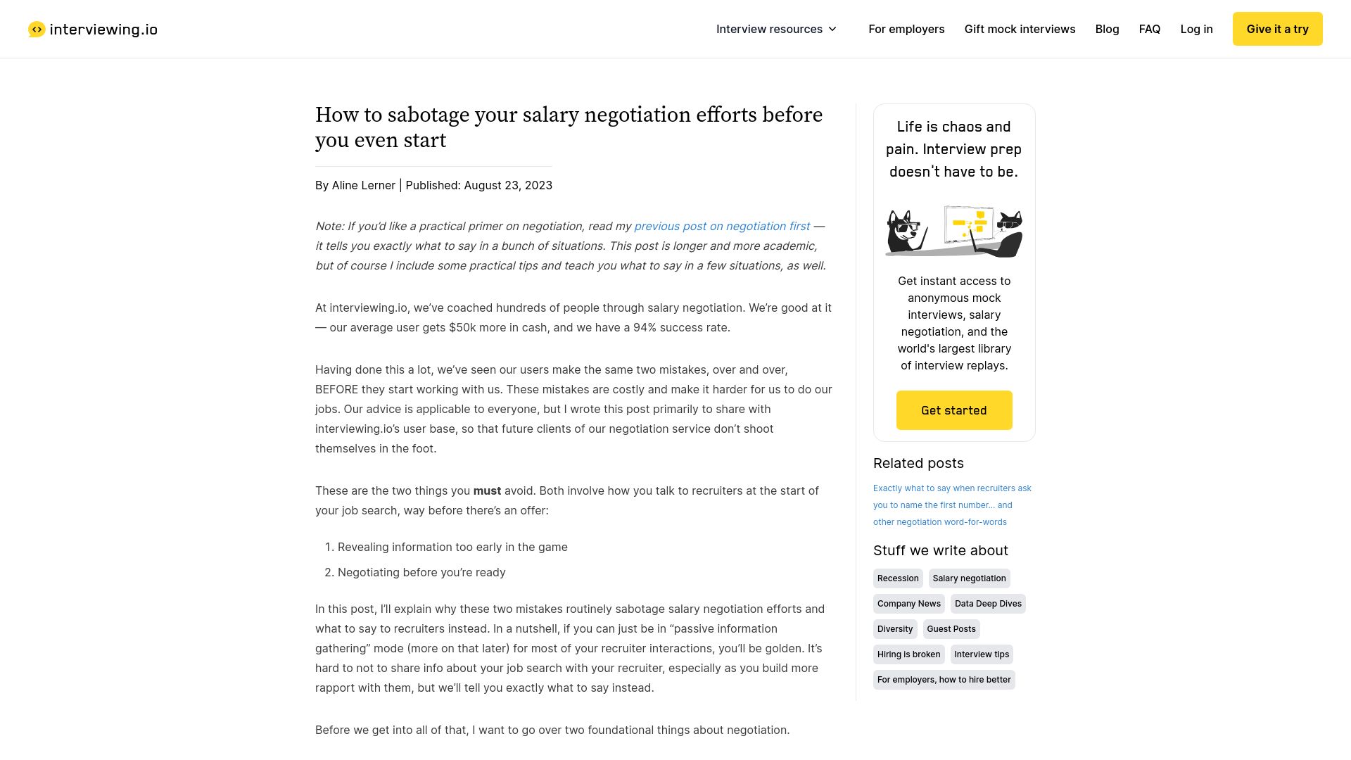 Screenshot of interviewing.io: Common mistakes in salary negotiation