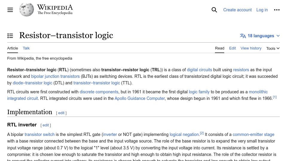 Screenshot of en.wikipedia.org: Resistor–transistor logic