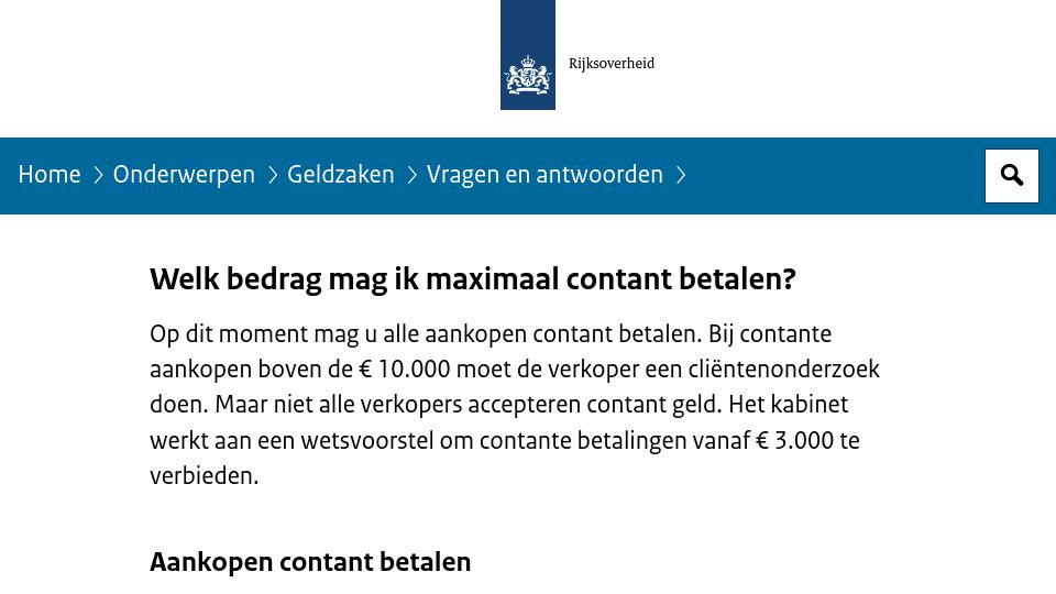 Screenshot of rijksoverheid.nl: Cash payments above €3000 to be outlawed in Netherlands