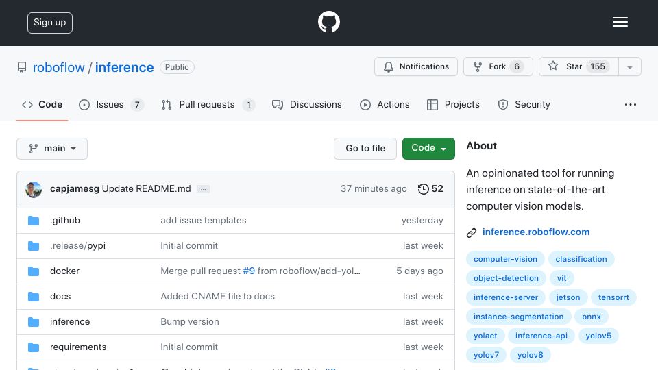 Screenshot of github.com: Show HN: Pip install inference, open source computer vision deployment