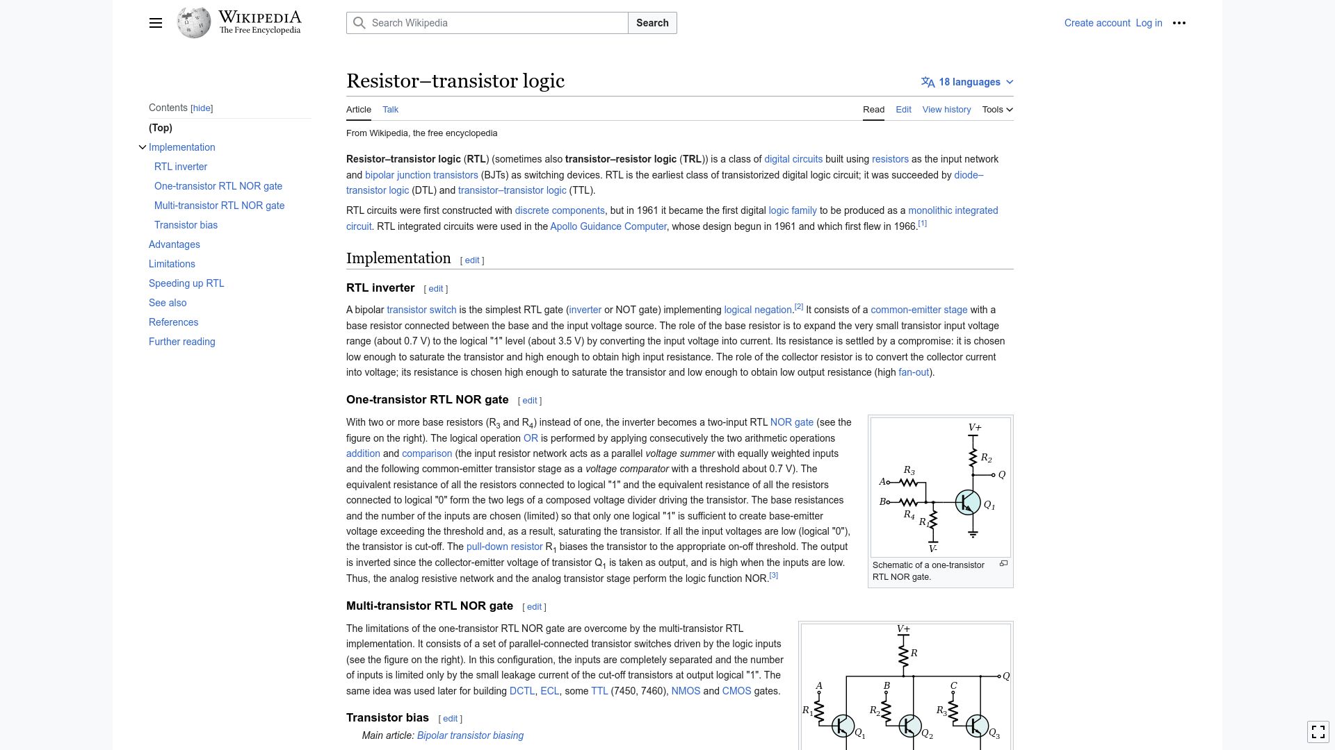 Screenshot of en.wikipedia.org: Resistor–transistor logic