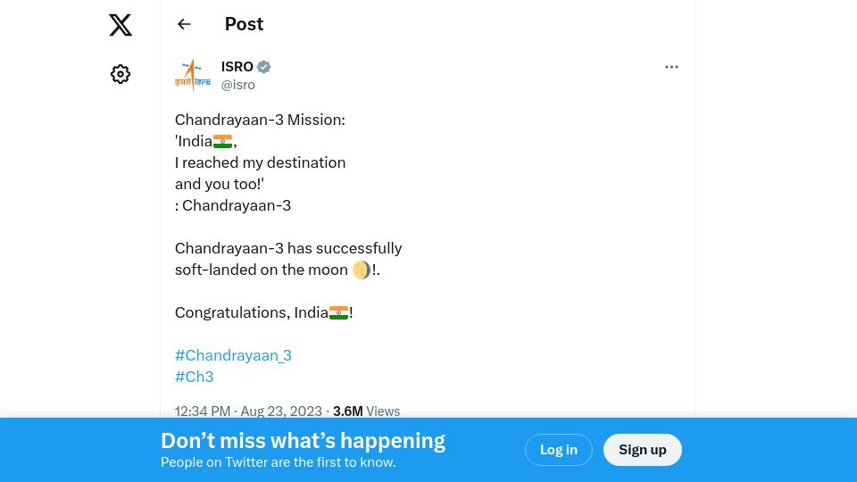 Screenshot of twitter.com: Chandrayaan-3 Lands on the Moon