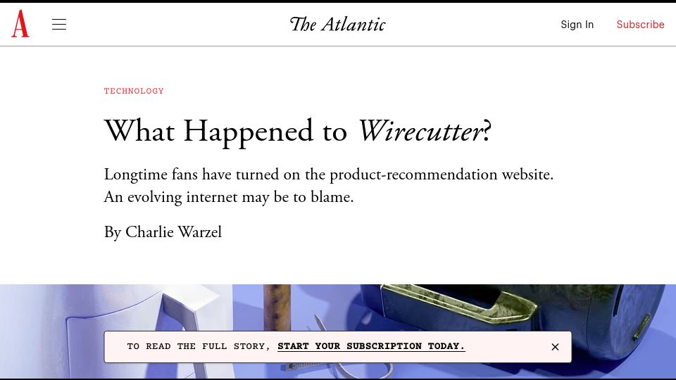 Screenshot of theatlantic.com: What happened to Wirecutter?