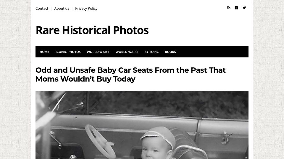 Screenshot of rarehistoricalphotos.com: Odd and unsafe baby car seats from the past