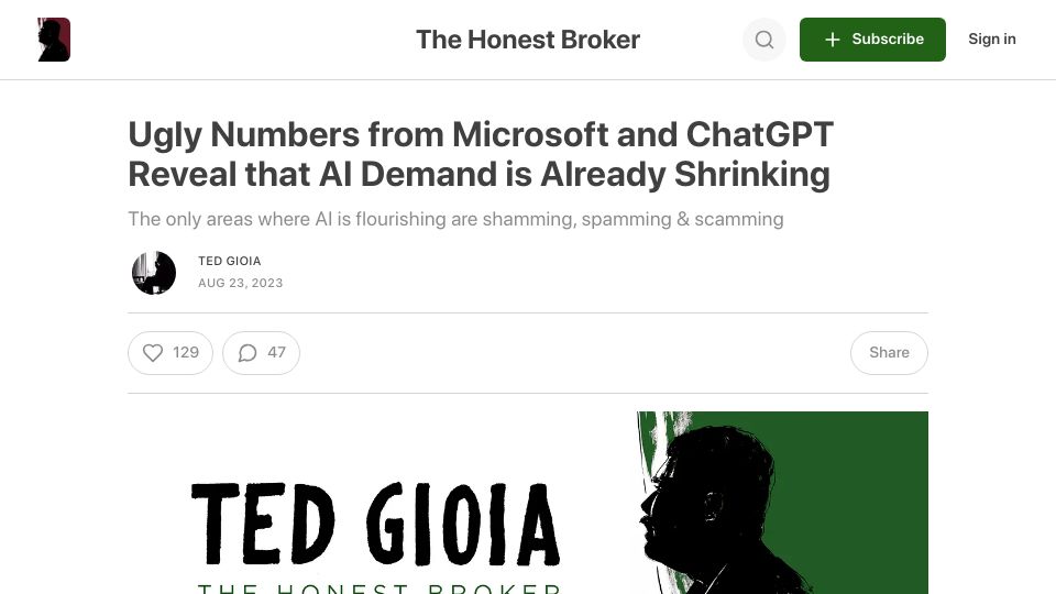Screenshot of honest-broker.com: Ugly Numbers from Microsoft and ChatGPT Reveal AI Demand Is Already Shrinking