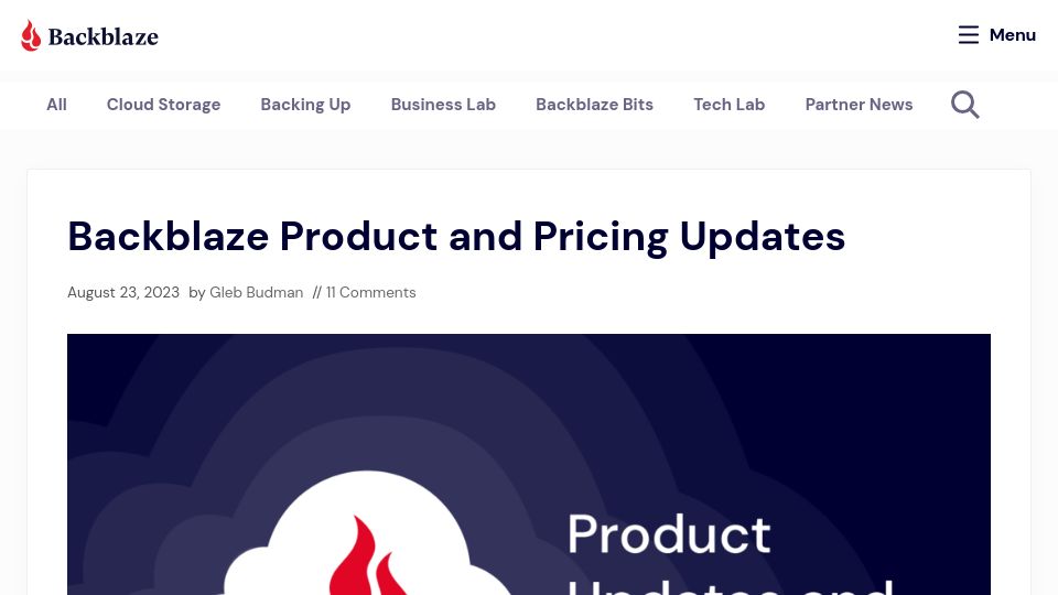 Screenshot of backblaze.com: Backblaze Product and Pricing Updates