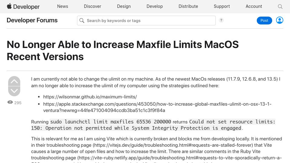 Screenshot of developer.apple.com: macOS 13.5 no longer allows setting system wide ulimits
