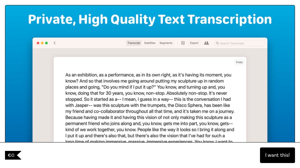 Screenshot of goodsnooze.gumroad.com: MacWhisper: Transcribe audio files on your Mac