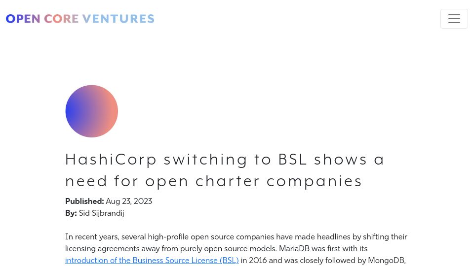 Screenshot of opencoreventures.com: HashiCorp switching to BSL shows a need for open charter companies