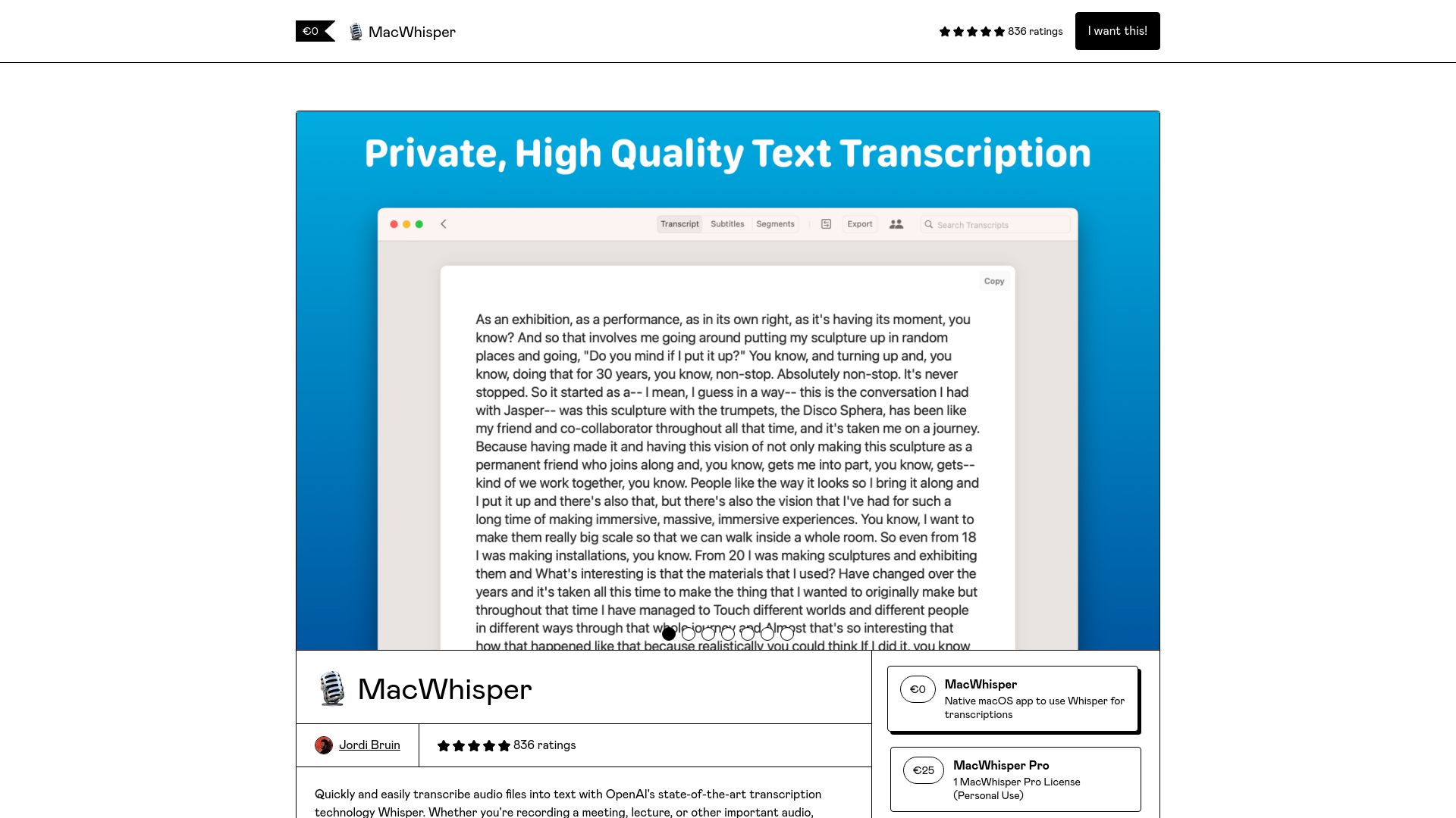 Screenshot of goodsnooze.gumroad.com: MacWhisper: Transcribe audio files on your Mac