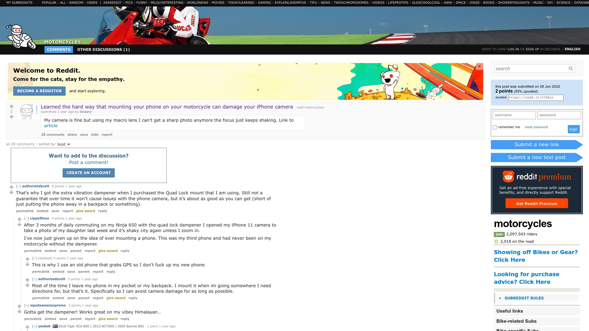 Screenshot of old.reddit.com: Mounting your iPhone on your motorcycle can damage its camera (2022)
