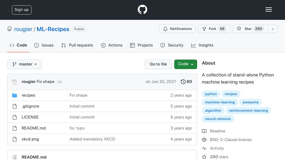 Screenshot of github.com: Collection of stand-alone Python machine learning recipes (2021)