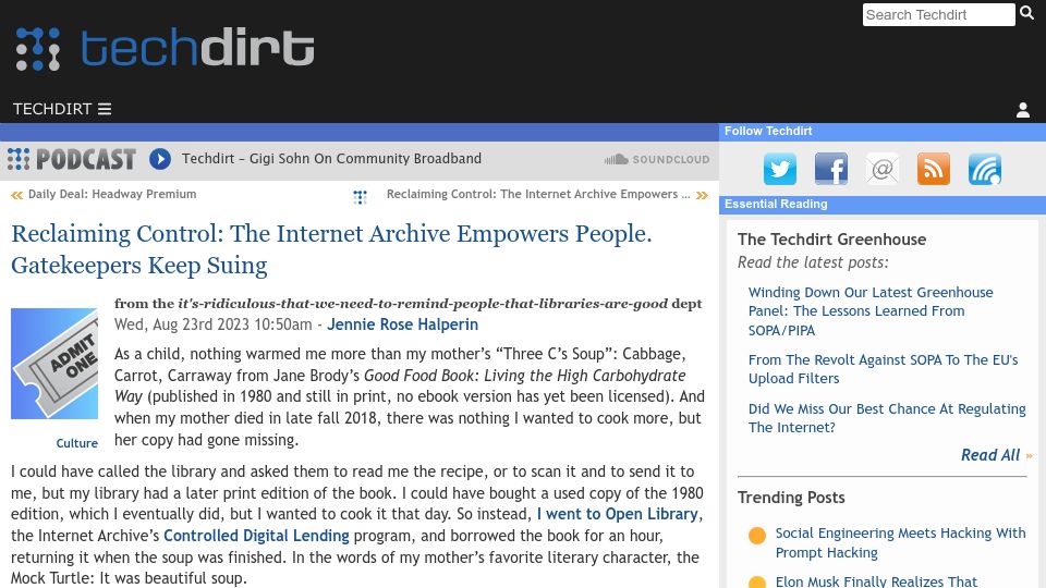 Screenshot of techdirt.com: Reclaiming Control: The Internet Archive Empowers People. Gatekeepers Keep Suing