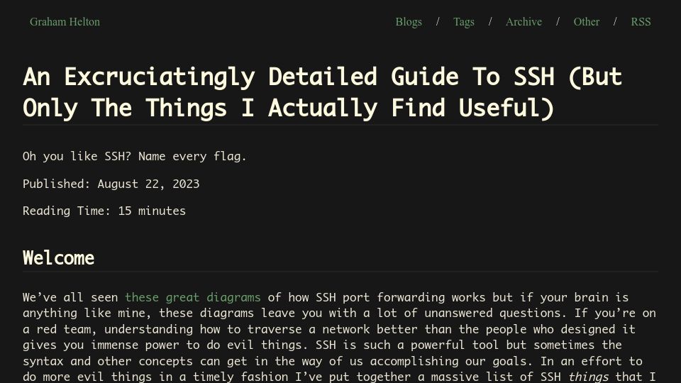 Screenshot of grahamhelton.com: An excruciatingly detailed guide to SSH (but only the things I find useful)