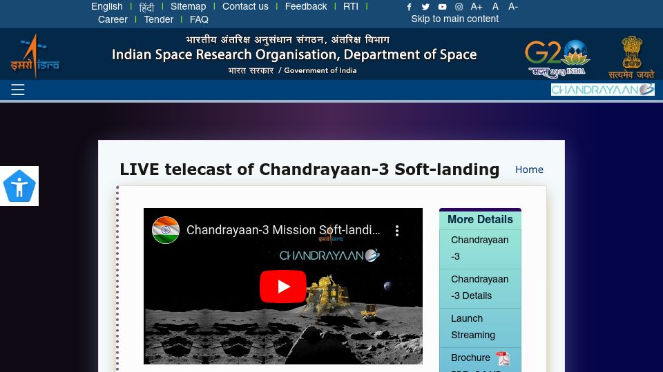 Screenshot of isro.gov.in: Chandrayaan-3 Soft-landing [video]