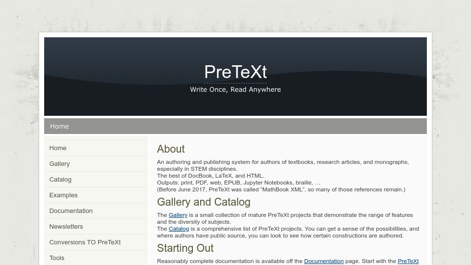 Screenshot of pretextbook.org: PreTeXt: Write Once Read Anywhere Authoring and Publishing System
