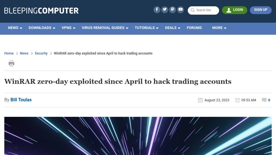 Screenshot of bleepingcomputer.com: WinRAR zero-day exploited since April to hack trading accounts