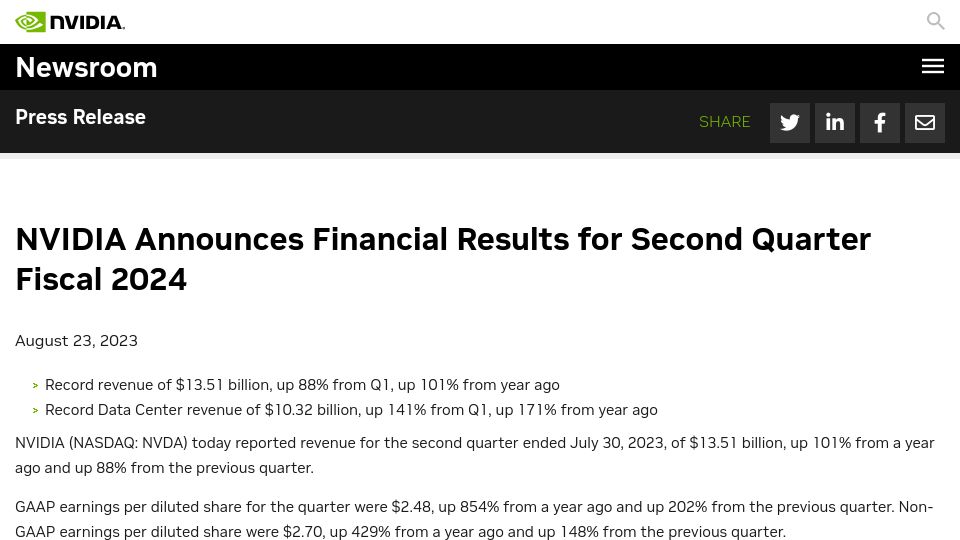 Screenshot of nvidianews.nvidia.com: Nvidia announces financial results for second quarter fiscal 2024